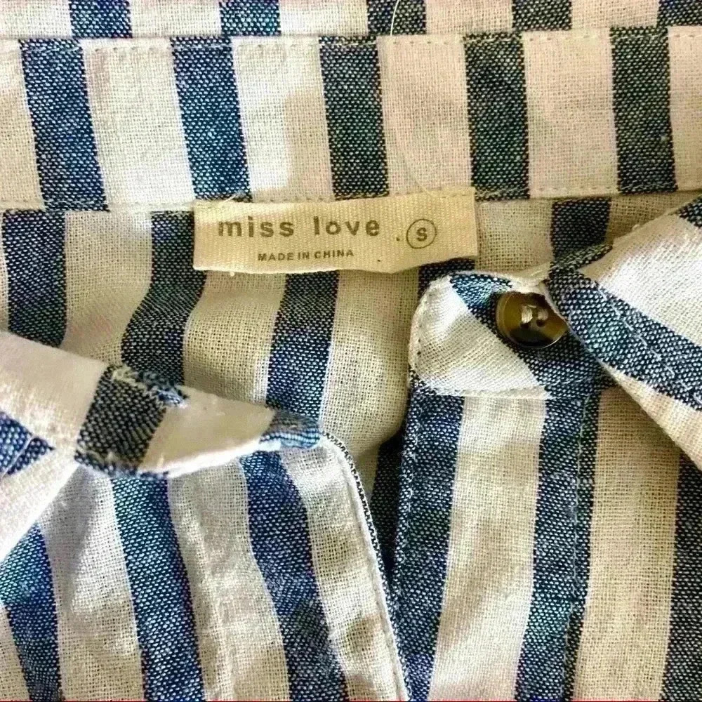 Miss Love Blue/White Stripe Collared Long Sleeve Button Down Tie Crop Top (S) - Picture 12 of 12